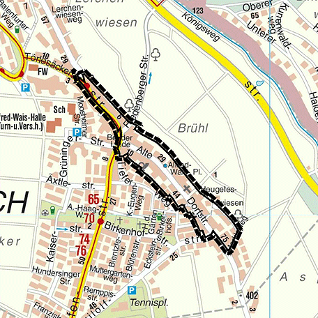 Die Grafik zeigt einen Auschnitt des Stadtplans mit dem Plangebiet in der Ortsmitte von Birkach. Grafik: Stadtmessungsamt Stuttgart