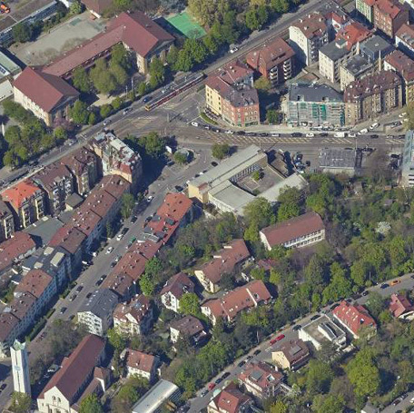 Der Stöckach mit der ehemaligen Wirtschaftsschule aus der Luft gesehen. Foto. Stadtmessungasmt/Stadt Stuttgart