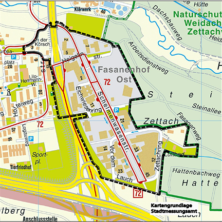 Für das Gewerbegebiet Fasanenhof-Ost soll es einen neuen Bebauungsplan geben. Kartenausschnitt: Stadtmessungsamt