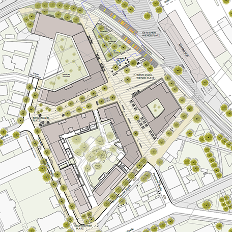 Der Lageplan zeigt, wie das neue Wiener Quartier künftig gegliedert und wo die dazugehörigen öffentlichen Freiflächen angelegt werden sollen. Grafik: Stadt Stuttgart