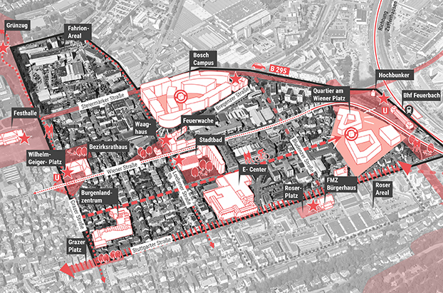 Im Schrägluftbild ist der Geltungsbereich für den Rahmenplan hervorgehoben. Grafik: Landeshauptstadt Stuttgart