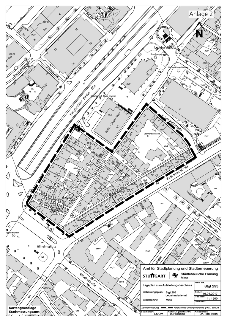 Der Lageplan zum Aufstellungsbeschluss zeigt das von der gestrichelten Linie umgebene Gebiet des Leonhardsviertels. Grafik: Stadtmessungsamt/Stadt Stuttgart