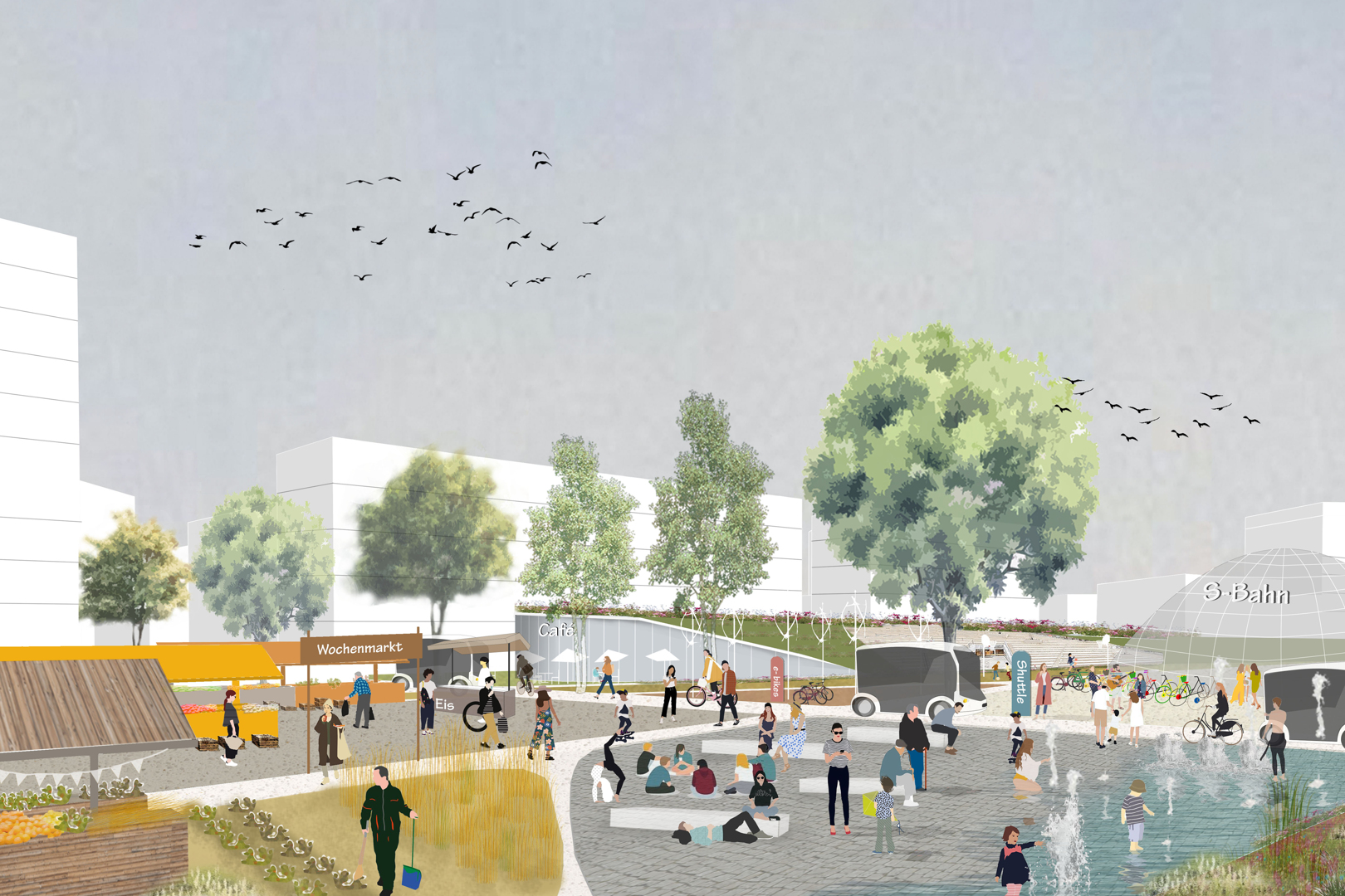 Das Zentrum des Gleisbogenparks soll zu einem belebten Treffpunkt werden. Grafik: asp Architekten GmbH