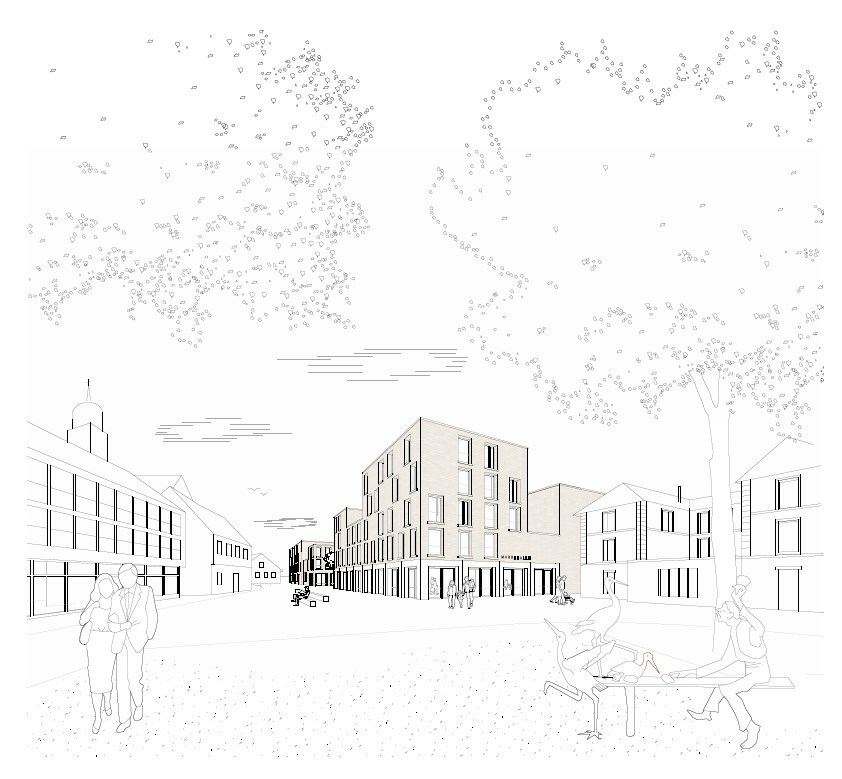 Die Grafik zeigt den Blick auf das Postareal vom Leonhard-Schmidt-Platz aus. Grafik: B&uuml;ro Harris und Kurrle