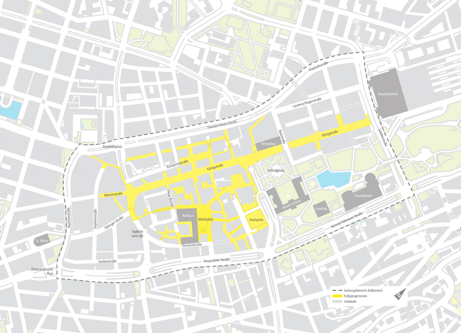 Für den Bereich innerhalb der gestrichelten Linie soll das Konzept für eine lebenswertere Innenstadt erstellt werden. Grafik: Stadt Stuttgart