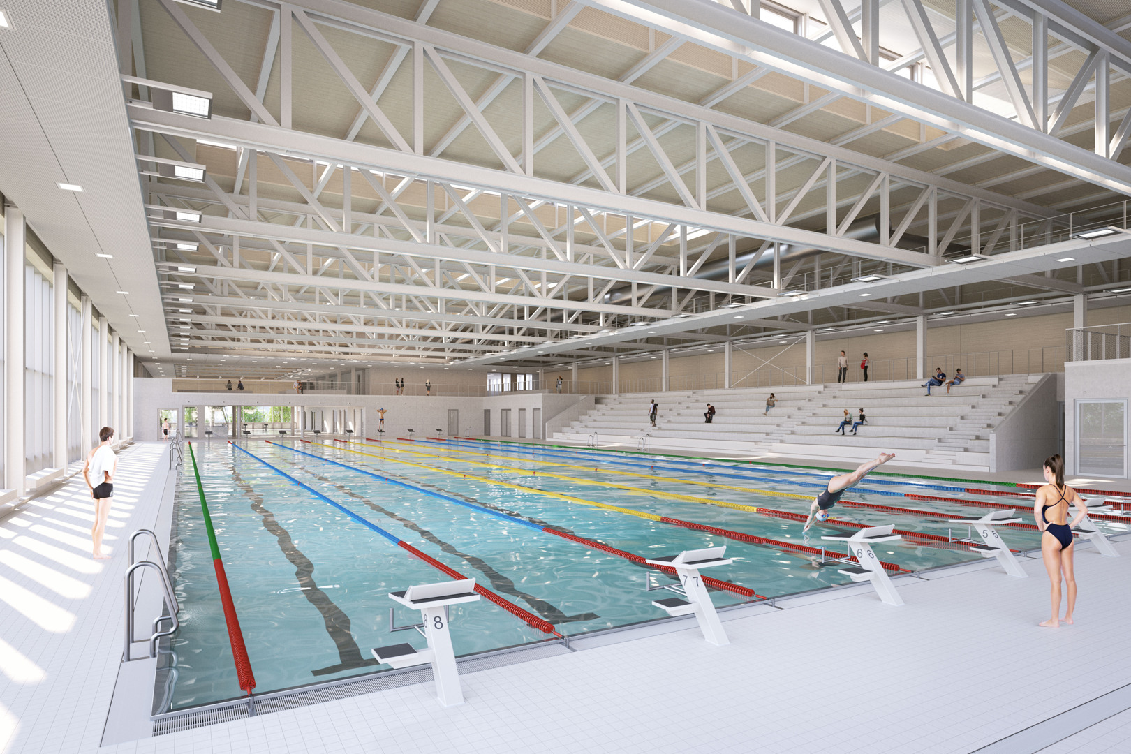 Im NeckarPark in Stuttgart entsteht ein wettkampffähiges Sporthallenbad. Entwurf der ARGE Sportbad NeckarPark © vizlab, Kassel