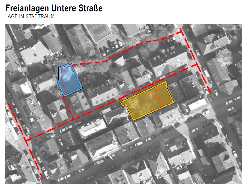 Das schwarz-weiße Luftbild zeigt den Bereich der Unteren STraße. Blau und gelb markiert sind der Spielplatz und die Freifläche. Rot gestrichelte Linien zeigen die Zugangswege.
