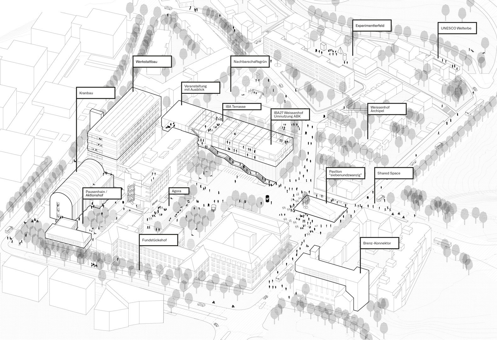 Schwarz-weiße Darstellung des Entwurfs von STUDIO CROSS SCALE, Stuttgart mit LAUX Architekten, München und Blank Planungsgesellschaft mbH, Stuttgart.