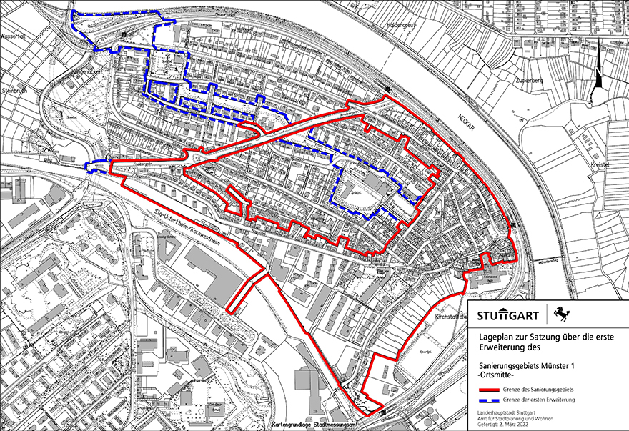 Die Grafik zeigt einen schwarz-weißen Stadtplan in den die Grenzen des bestehenden Sanierungsgebiets (rote Linie) eingezeichnet sind und die Erweiterung des Sanierungsgebiets (blaue Linien). Grafik: Stadt Stuttgart
